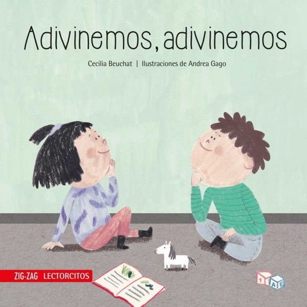 Book cover of Adivinemos, Adivinemos with an illustration of two kids sitting on the floor with their chins in their hand, the appear to be thinking very hard.