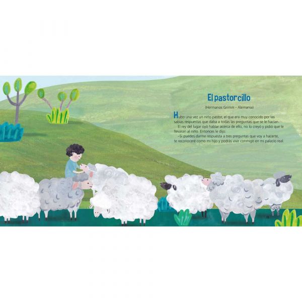 Inside pages of book show text and an illustration of the boy from the cover standing in a field with several sheep.