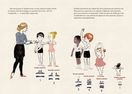 Inside pages show illustrations of a teacher talking with other ballerina's as well as illustrating each childs foot position and text from the book.