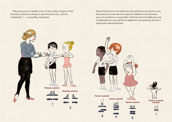 Inside pages show illustrations of a teacher talking with other ballerina's as well as illustrating each childs foot position and text from the book.