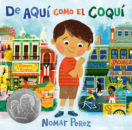 Book cover of De aquí como el Coquí with an illustration of a boy and his city pictured behind him.