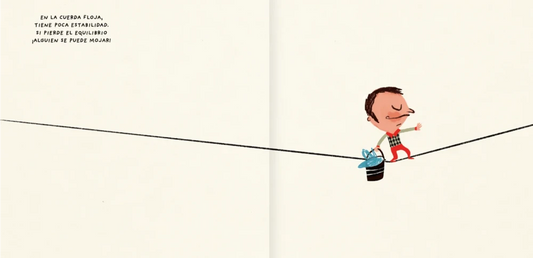 Inside pages show text and the same man walking on a tight-rope with one bucket of water.