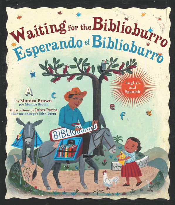 Book cover of Esperando el biblioburro with an illustration of a man riding a donkey with a shelf of books and a little girl is holding a book talkng to the man on the donkey.