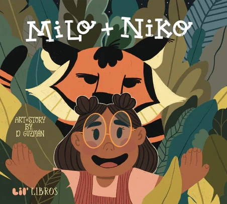 Book cover of Milo + Niko with an illustration of a girl and a tiger behind her in the middle of a forrest.