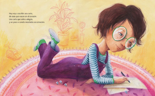 Inside pages show an illustration of a girl laying on the ground while writing something on paper, as well as some text from the book.