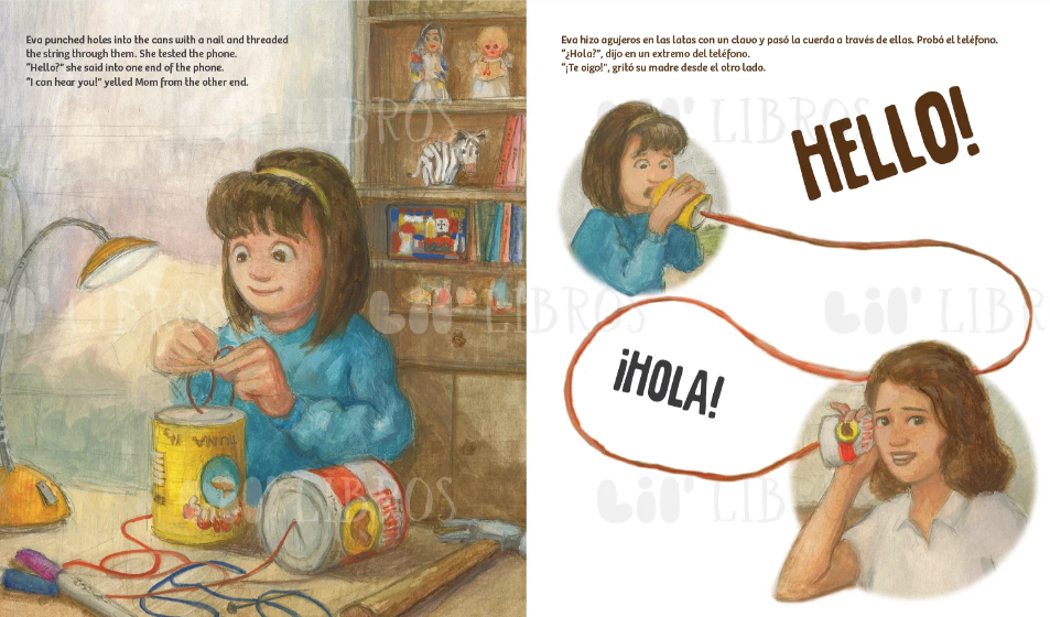 Inside pages show text and an illustration of the little girl making the tin can telephones, the other page shows the girl and mother communicating with the tin can phones.