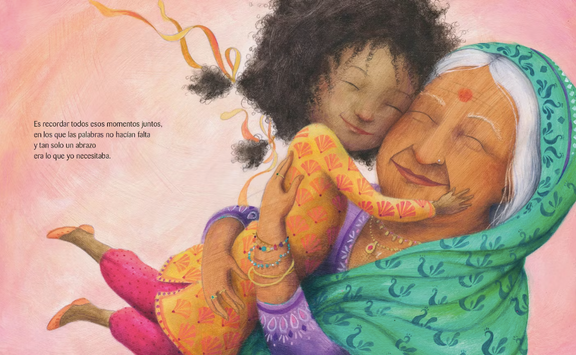 Inside pages show text and an illustration of a grandmother embracing her granddaughter in a hug,