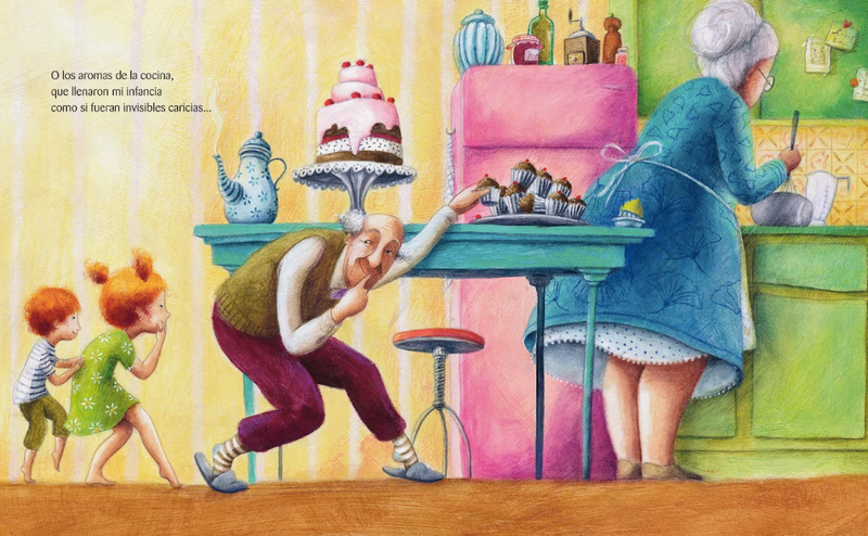 Inside pages show text and an illustration of a grandfather and the grandkids reaching for a cupcake secretly while the grandmother has her back turned to them.