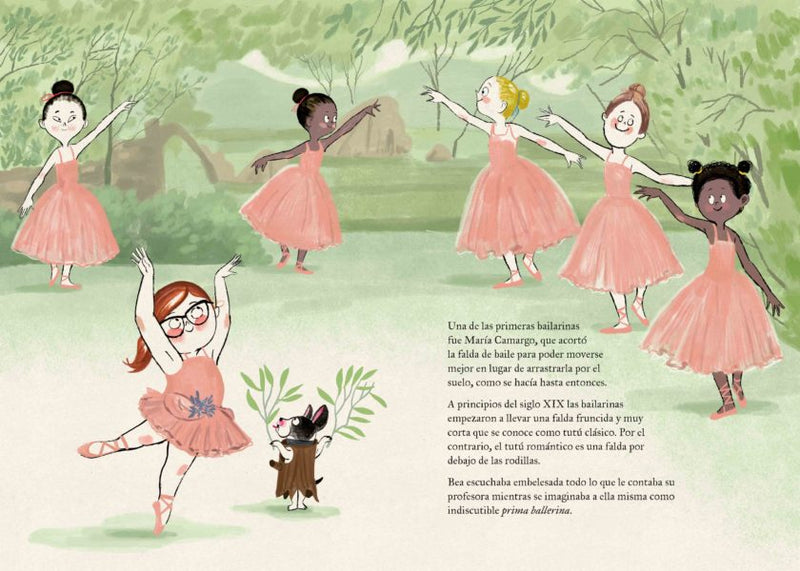 Inside pages show illustrations of Bea and five other ballerinas dancing as well as text from the book.