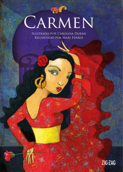 Book cover of Carmen with an illustration of a Flamenco dancer from the opera Carmen.