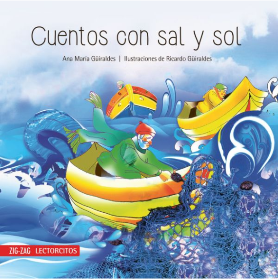 Book cover of Cuentos con Sal y Sol with an illustration of three small fishing boats out at sea..