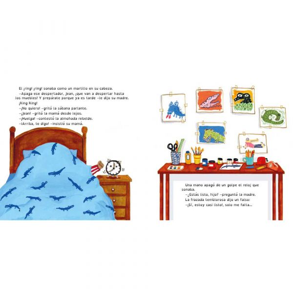 Inside pages show text and an illustration of a bedroom.