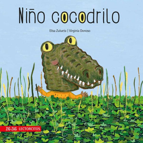 Book cover of Niño Cocodrilo with an illustration of a crocodile standing in a field.