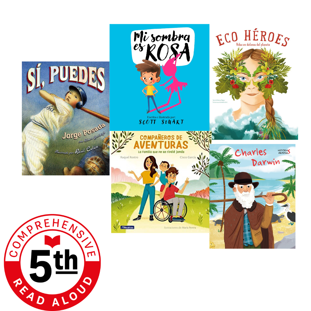 Photo of five different books available for fifth grade comprehensive read aloud sets.