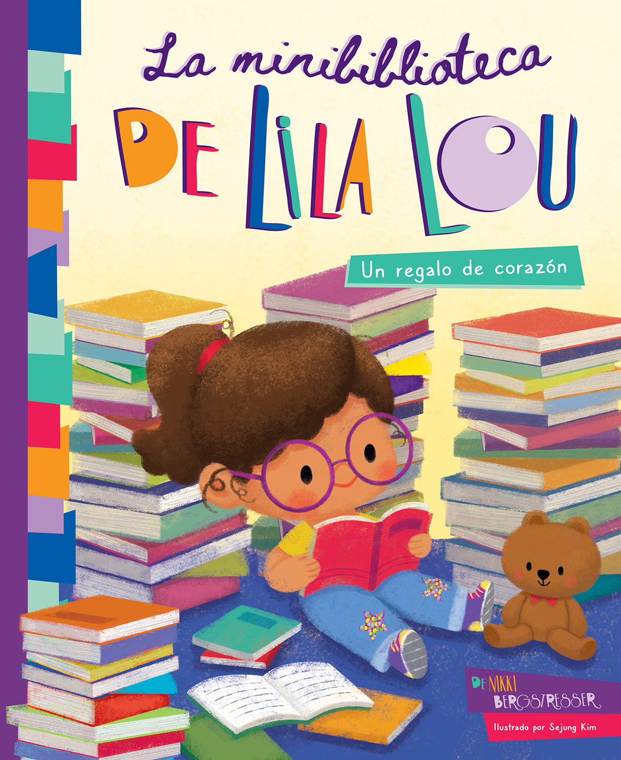 Book cover of La Minibiblioteca de Lila Lou with an illustration of a little girl reading a book surrounded by stacks of books.