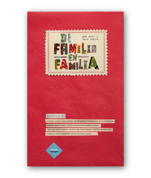 A red cover with the title of the book, De Familia en Familia.