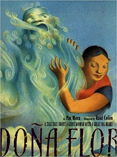 Book cover of Dona Flor with an illustration of a girl hugging a windy creature.