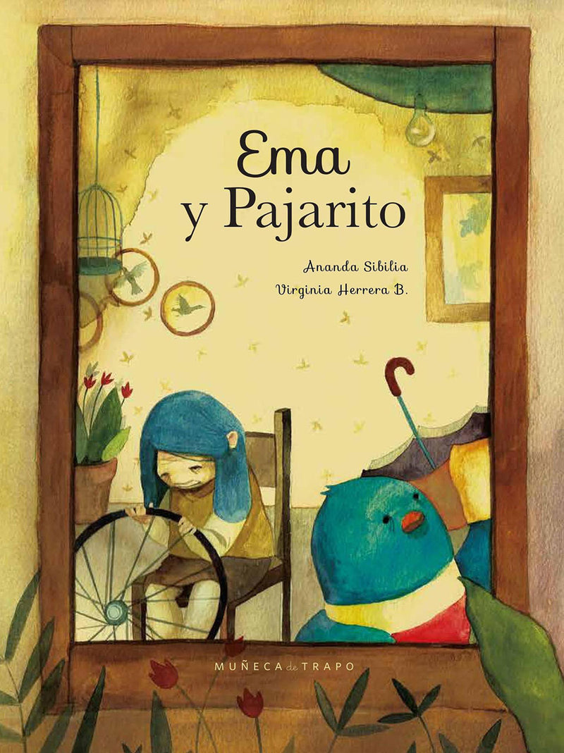 Book cover of Ema y Pajarito with an illustration of an older woman and a bird cleaning.