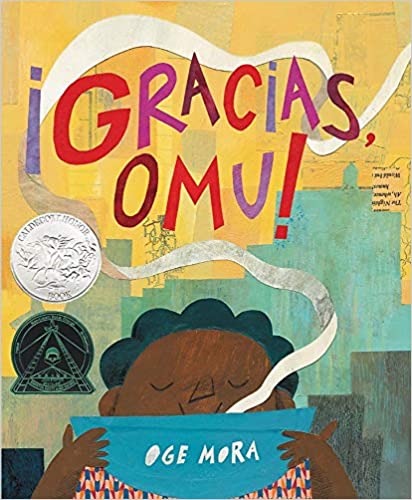 Book cover of Gracias Omu with an illustration of a boy smelling soup.