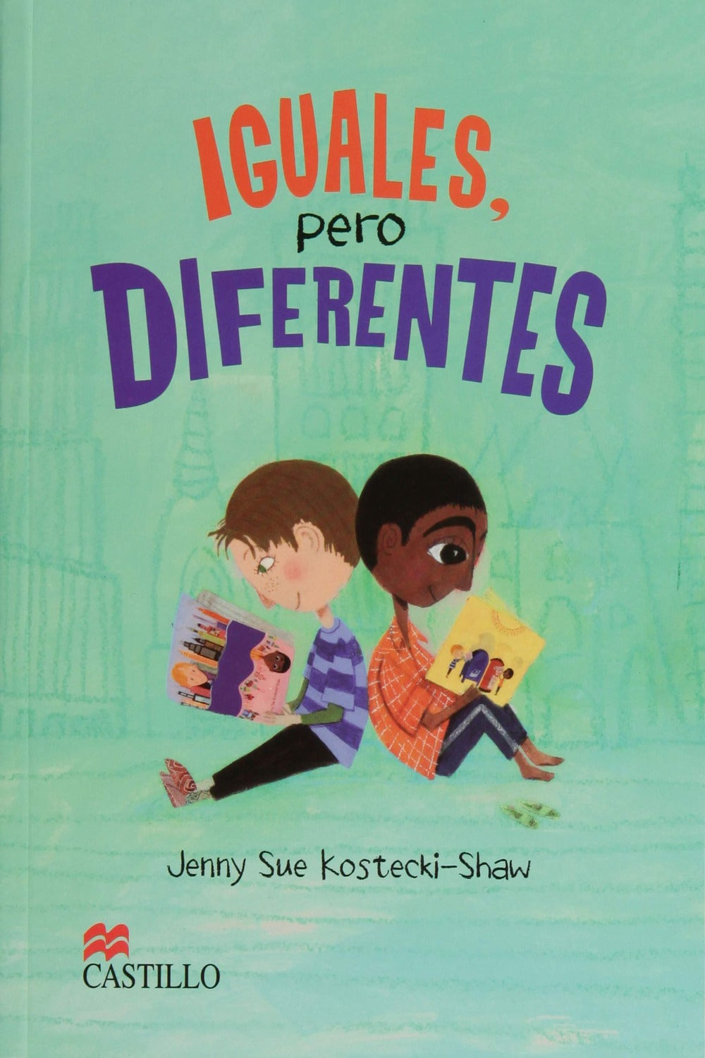 Book cover of Iguales, pero Diferentes with an illustration of two boys reading back to back.