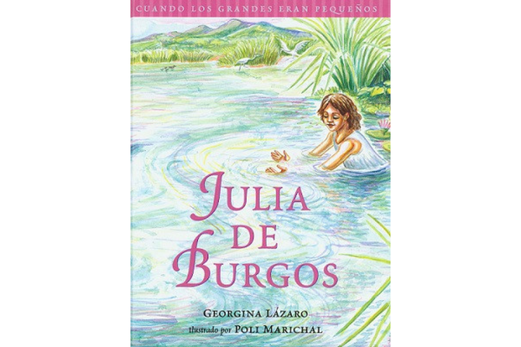 Book cover of Julia de Burgos with an illustration of a girl playing in water.