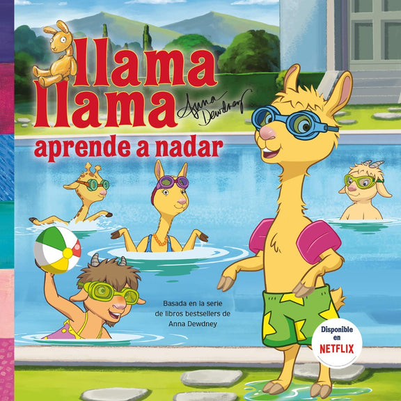 Book cover of Llama Llama Aprende a Nadar with an illustration of agiraffe, two goats, and two llamas swimming.