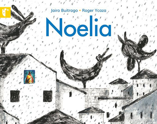 Book cover of Noelia with an illustration of dogs on houses in the rain.