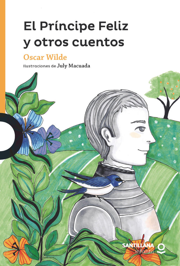 Book cover of El Principe Feliz y Otros Cuentos with an illustration of a guy standing with a bird on his shoulder in a field.