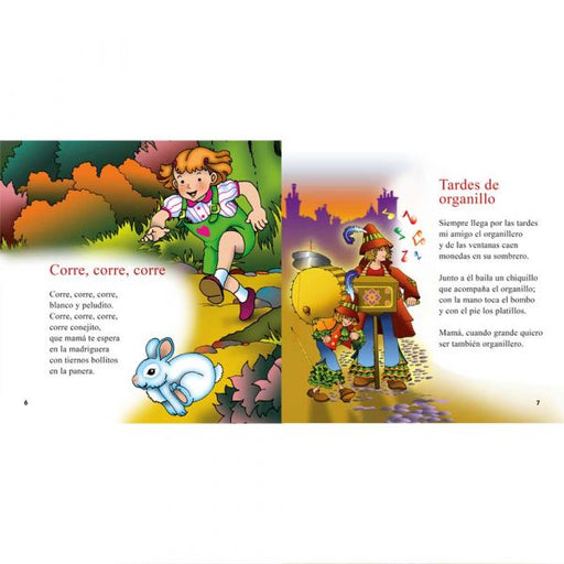 Inside pages show text and illustrations of a girl chasing a rabbit and the other shows two girls holding instruments.