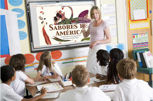 Teacher using ebook on a smartboard.