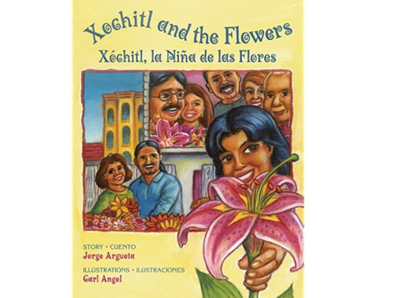 Book cover of Xochitl, la Nina de las Flores with an illustration of a child holding flowers.