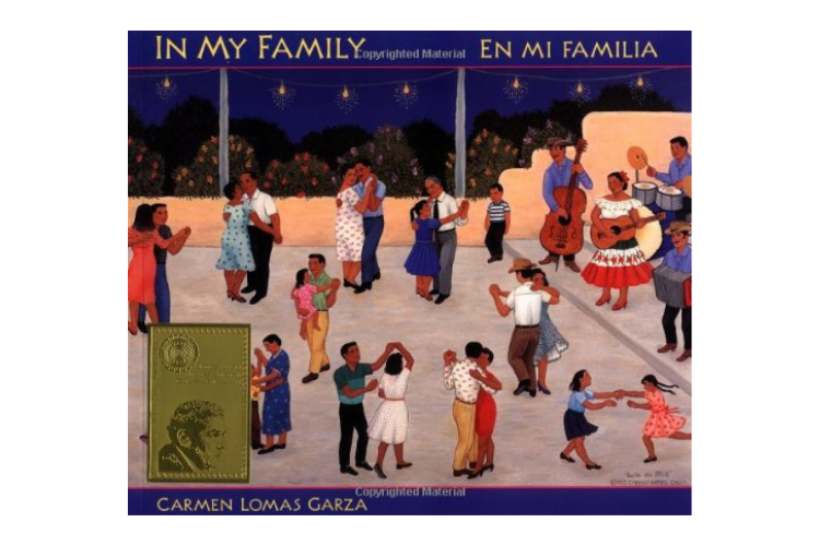 Book cover of En mi Familia with an illustration of groups of people dancing.