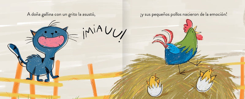 Inside pages shows text and an illustration of a blue cat and chickens.