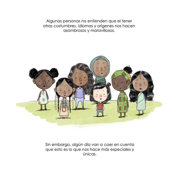Inside book pages show text and a group of seven different girls.
