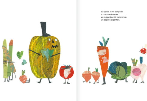 Inside pages of book show text and illustrations of the carrot princess and other vegetable people.