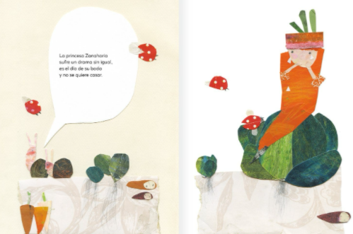 Inside pages of book show text and an illustration of a Carrot Princess sitting on a brussel sprout talking to other small vegetable people.